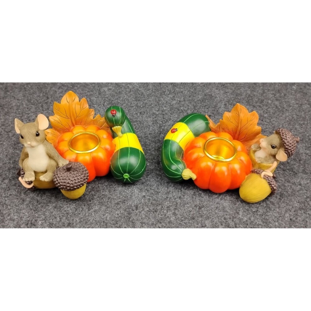 2 Pc Set Charming Tails Pumpkin Harvest Candle Holders Fall Thanksgiving Mouse